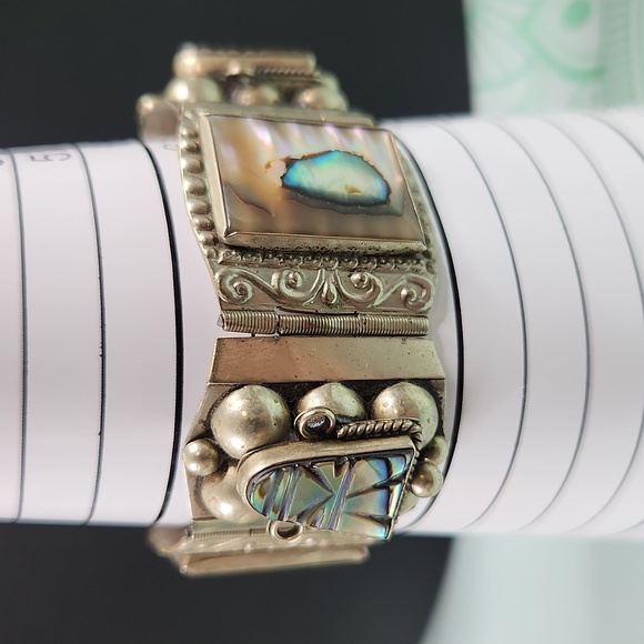 Vintage Taxco Mexico Sterling Panel Bracelet Abalone Mother of Pearl MOP - Picture 8 of 12